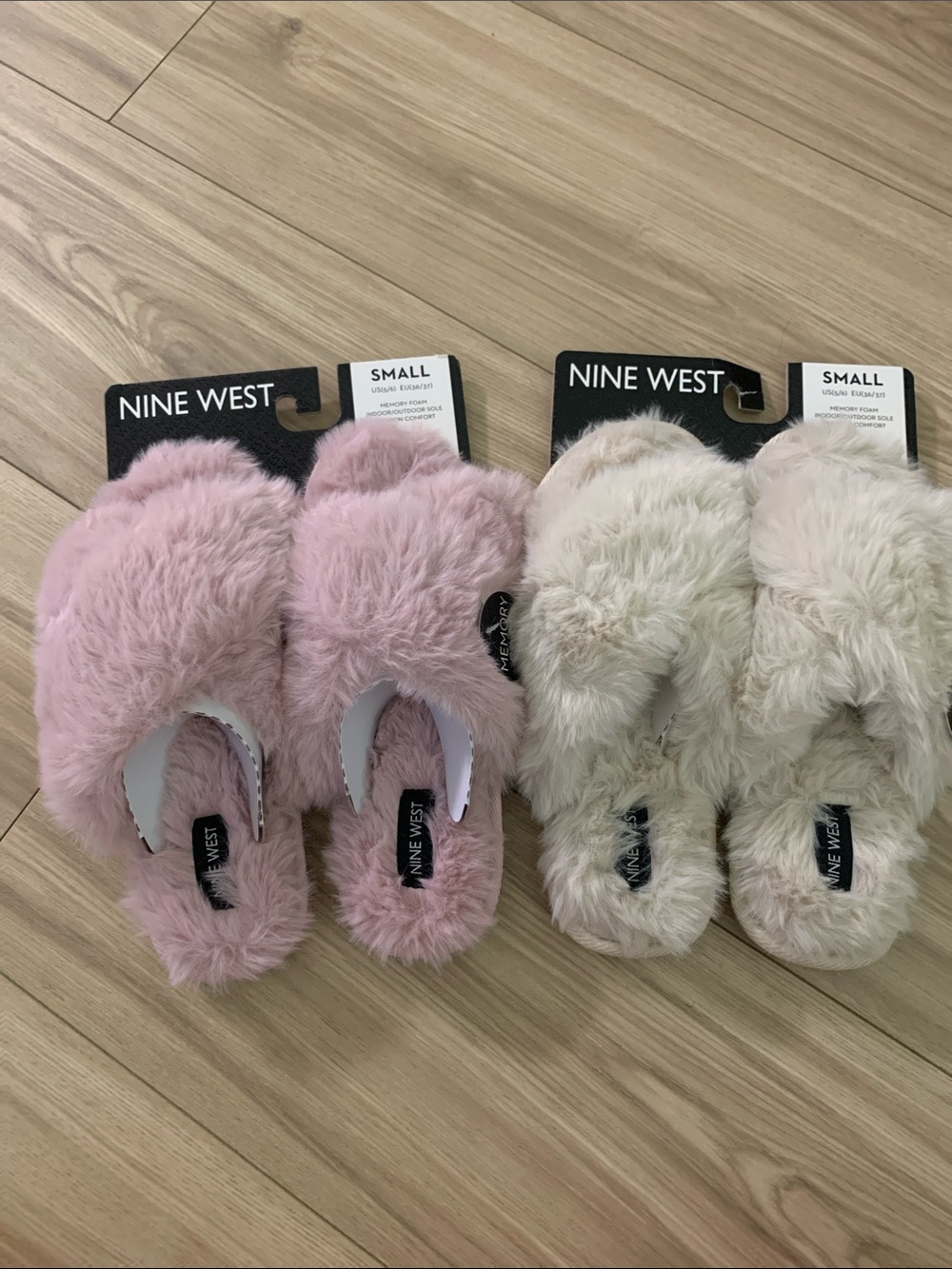 2 pair Nine West Plush Slide Slippers in Pink and Cream Pair